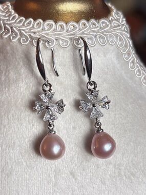 Elegant Pink Pearl Drop Earrings with Crystal Clover Cross Accents